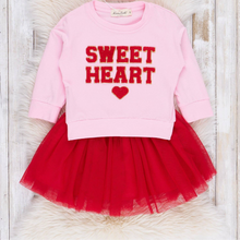 Load image into Gallery viewer, Pink long sleeve top with the words "Sweet heart" and red tulle skirt.
