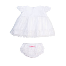 Load image into Gallery viewer, Baby girl baptism dress. White, tulle with matching bloomers. Ruffle Butts brand.
