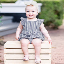 Load image into Gallery viewer, Baby girl Ruffle Butts striped romper.