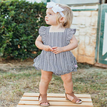 Load image into Gallery viewer, Baby girl Ruffle Butts striped romper.