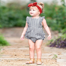 Load image into Gallery viewer, Baby girl Ruffle Butts striped romper.