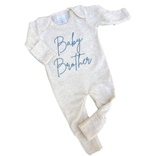 Load image into Gallery viewer, Long sleeve baby romper with blue embroidery that says "baby brother."