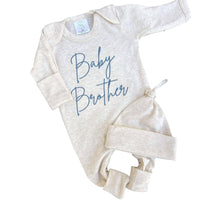 Load image into Gallery viewer, Long sleeve baby romper with blue embroidery that says "baby brother."