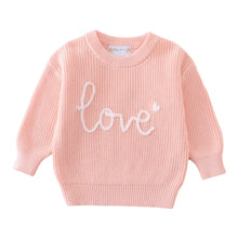 Load image into Gallery viewer, Baby pink, thick sweater with knitted writing; "love"
