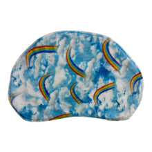 Load image into Gallery viewer, Handmade, washable burp cloth. Blue clouds and colorful rainbow pattern.