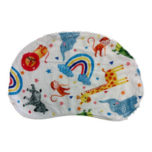Load image into Gallery viewer, Handmade, washable burp cloth. Colorful zoo animal pattern.