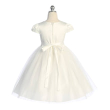 Load image into Gallery viewer, Ivory capped sleeve formal dress with rhinestone waist, tulle skirt and satin bodice. Perfect for any formal occasion.