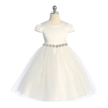 Load image into Gallery viewer, Ivory capped sleeve formal dress with rhinestone waist, tulle skirt and satin bodice. Perfect for any formal occasion.