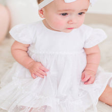 Load image into Gallery viewer, Baby girl baptism dress. White, tulle with matching bloomers. Ruffle Butts brand.