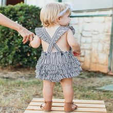 Load image into Gallery viewer, Baby girl Ruffle Butts striped romper.