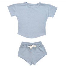 Load image into Gallery viewer, Baby blue waffle knit shirt and short set. Made with organic material for baby's, toddler's and children.