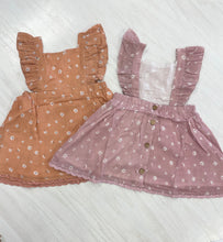 Load image into Gallery viewer, Toddler dresses with floral print, lace trim and button detail.