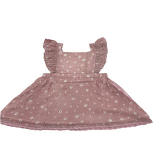 Load image into Gallery viewer, Pink dress with fluttery sleeve, lace trim and dainty floral pattern.