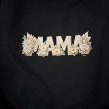 Load image into Gallery viewer, Close-up of floral mama graphic printed on a black crewneck sweatshirt, featuring neutral flowers and leopard detail, designed by SoJo Boutique.