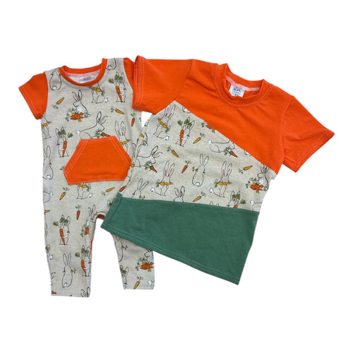 Handmade cotton t shirt and romper with bunny and carrot pattern.