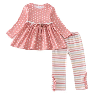 2-piece girls set. Pink tunic top with hearts and tie belt.  Matching leggings with stripes and ruffles on the bottom.