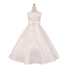 Load image into Gallery viewer, Long satin formal dress with pearl detail and bow back.