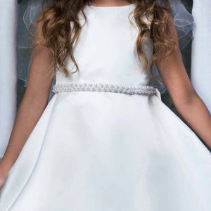 Long Satin Pearl Trim Girls Communion/Flower Girl Dress