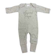Load image into Gallery viewer, Heathered oat baby romper with Answered Prayer graphic, fold-over hands and feet, and snap closure