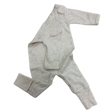Load image into Gallery viewer, Heathered oat baby romper with Answered Prayer graphic, fold-over hands and feet, and snap closure