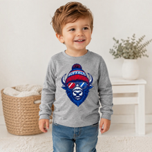 Load image into Gallery viewer, A smiling young boy wearing a heather gray long-sleeve crewneck shirt with a graphic of a buffalo wearing a red and blue beanie and sunglasses.