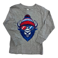 Load image into Gallery viewer, Gray long sleeve kids shirt. With red, white and blue buffalo on it. Buffalo is wearing a winter hat that says "Buffalo" and glasses. Perfect for Buffalo Bill's fans.