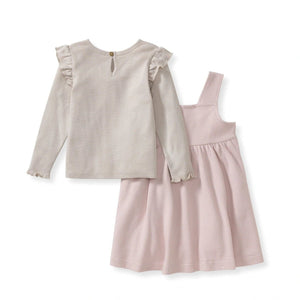 Beige long-sleeve top and pink dress baby set.