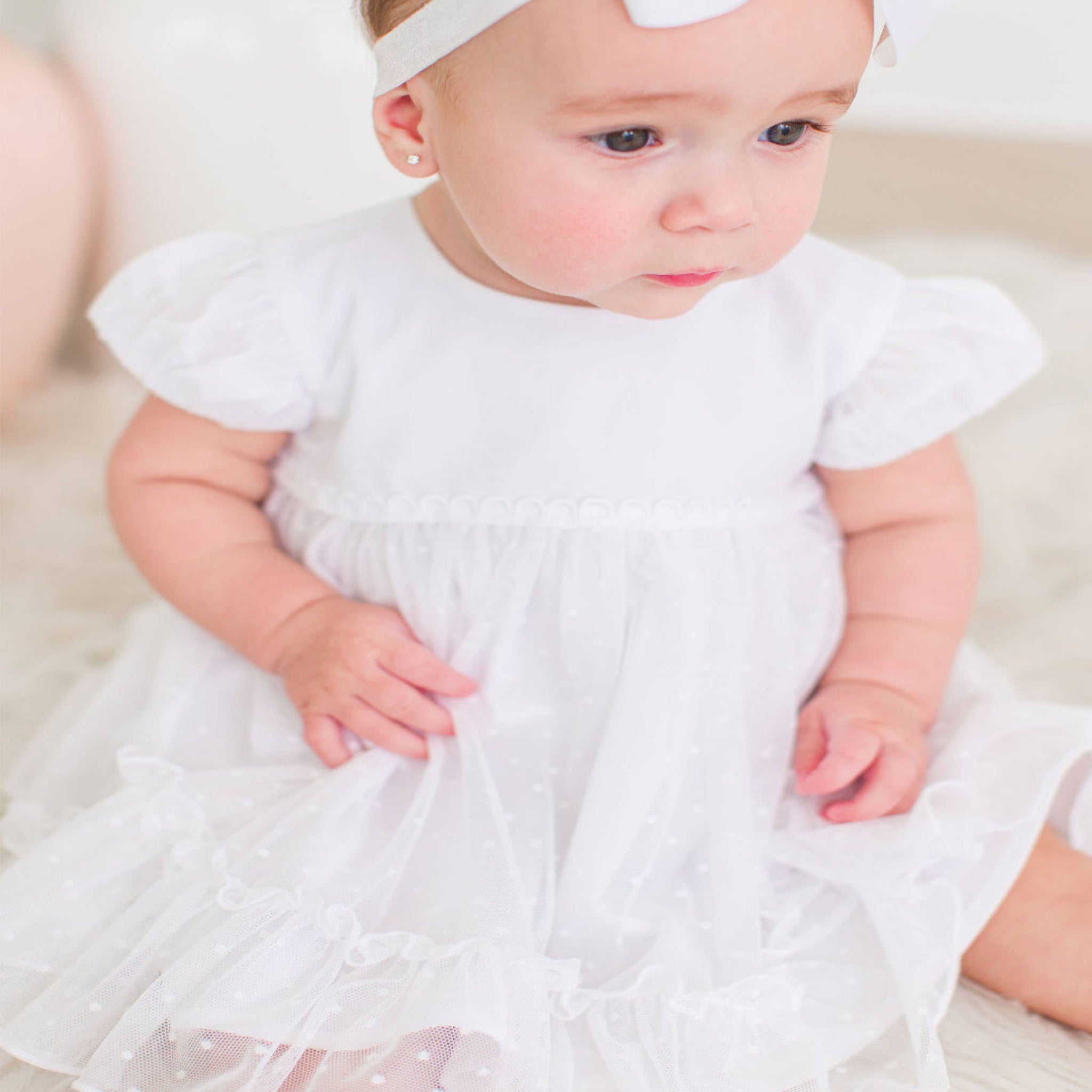 Baby Girls White Dotted Tulle Dress & RuffleButt Set White / 6-12m