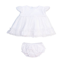 Load image into Gallery viewer, Baby girl baptism dress. White, tulle with matching bloomers. Ruffle Butts brand.