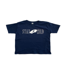 Load image into Gallery viewer, Navy blue cotton t-shirt. With skateboard design and wording &quot;Stay Wild&quot;