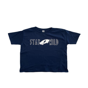 Navy blue cotton t-shirt. With skateboard design and wording "Stay Wild"