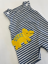 Load image into Gallery viewer, Blue and white striped one-piece romper with dinosaur patch.