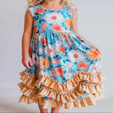 Load image into Gallery viewer, Kids Gold Teal Floral 3 Ruffle Dress