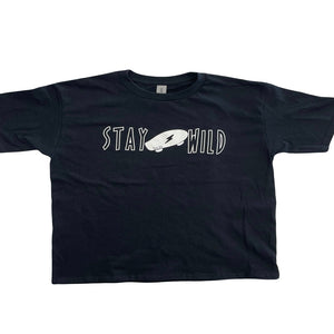 Black cotton boys t-shirt with "Stay Wild" written on front.