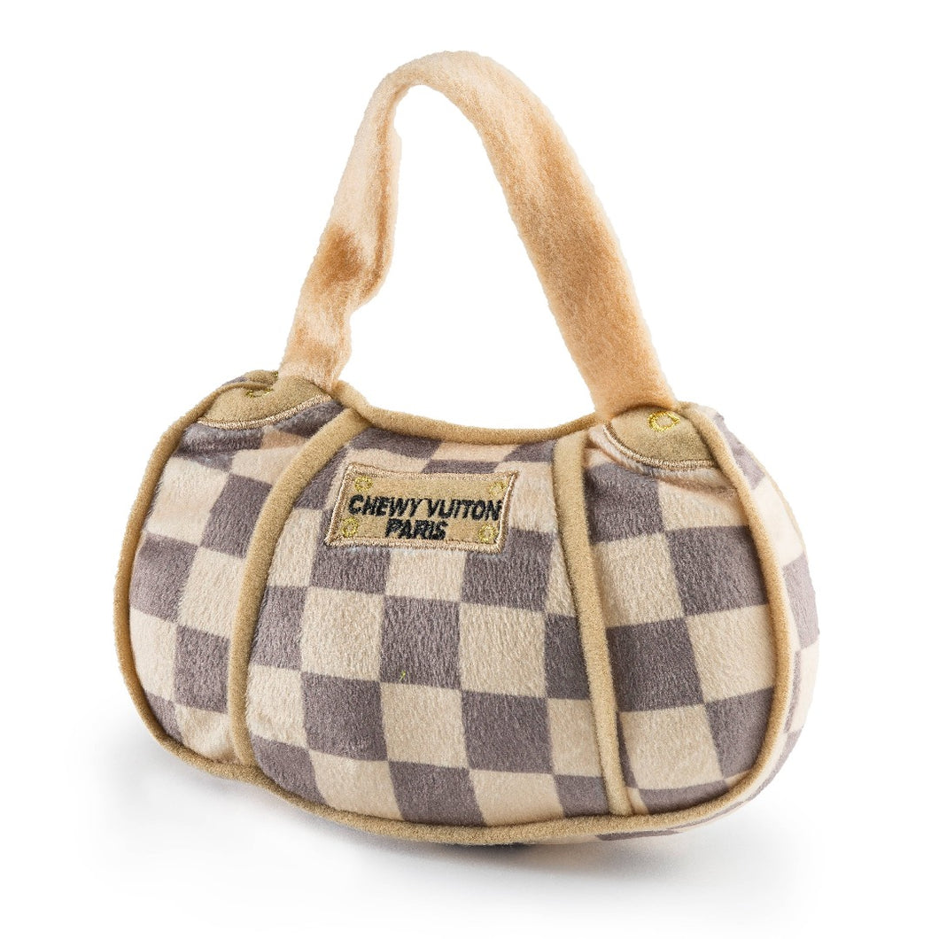 Designer inspired dog chew toy. Looks like a Louie V purse.