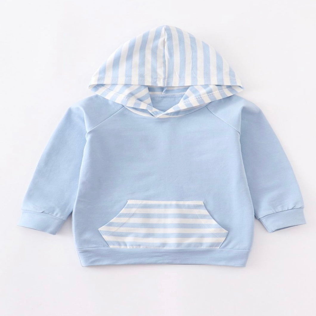 Baby blue long sleeve hooded shirt for boys. Featuring white and blue stripped hood and center pocket.