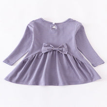 Load image into Gallery viewer, Purple girl tunic shirt. Featuring stripped pattern, bow and key hole button detail on back.