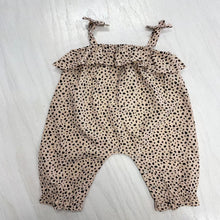 Load image into Gallery viewer, Tan leopard print baby romper. This one piece romper has bows on the straps and snap closure for easy changing.