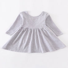 Load image into Gallery viewer, Gray girls dress with a-line hem adorned with a bow on the back and pockets on the sides.