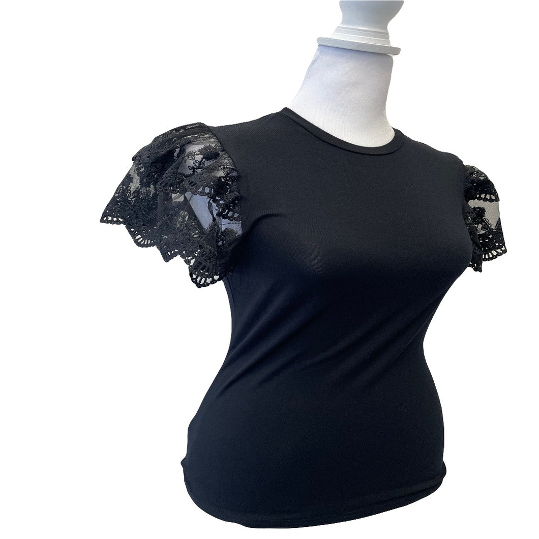 Mommy and me black tee with lace short sleeves.