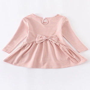 Pink and white stripped tunic with high-low detail and flaired hem.