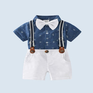 baby boy 4-piece set. Button up onesie, white shorts, adjustable suspenders and bow tie.