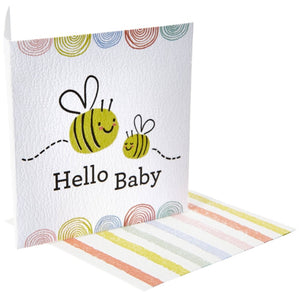 Mini card with 2 bees that says, " Hello Baby". Blank inside