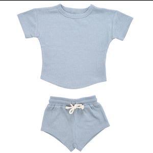 Baby blue waffle knit shirt and short set. Made with organic material for baby's, toddler's and children.