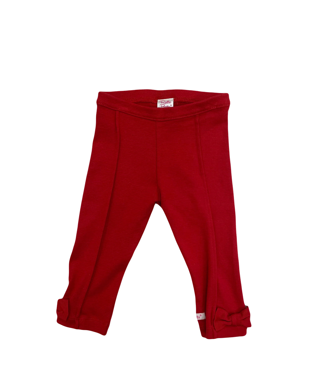 Red pleated legging pants adorned with bows on the ankle. Made by Ruffle Butts.