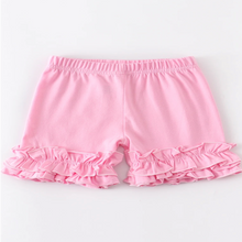 Load image into Gallery viewer, Pink ruffle hem shorts for girls.