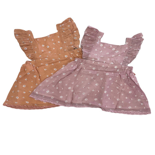 toddler girls dress in 2 colors. floral design, lace trim and fluttery sleeves adorne this dress.