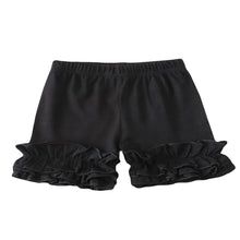 Load image into Gallery viewer, Black cotton girls shorts with ruffled hem.
