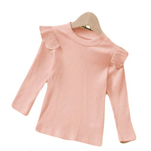 Load image into Gallery viewer, Pink ribbed long sleeve top with slight ruffle on shoulders.