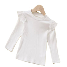 Load image into Gallery viewer, White ribbed long sleeve shirt with shoulder ruffles.